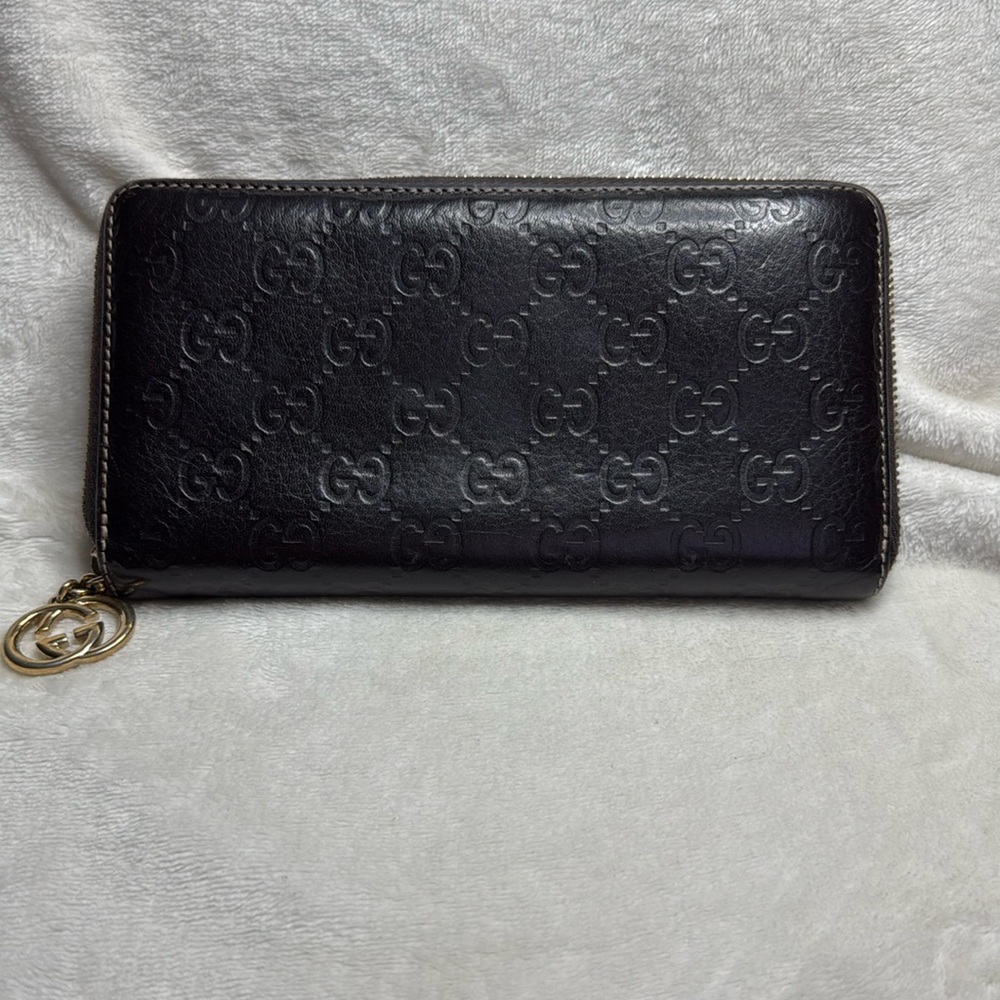 GUCCI Dark Brown Leather GG Zip Around Wallet